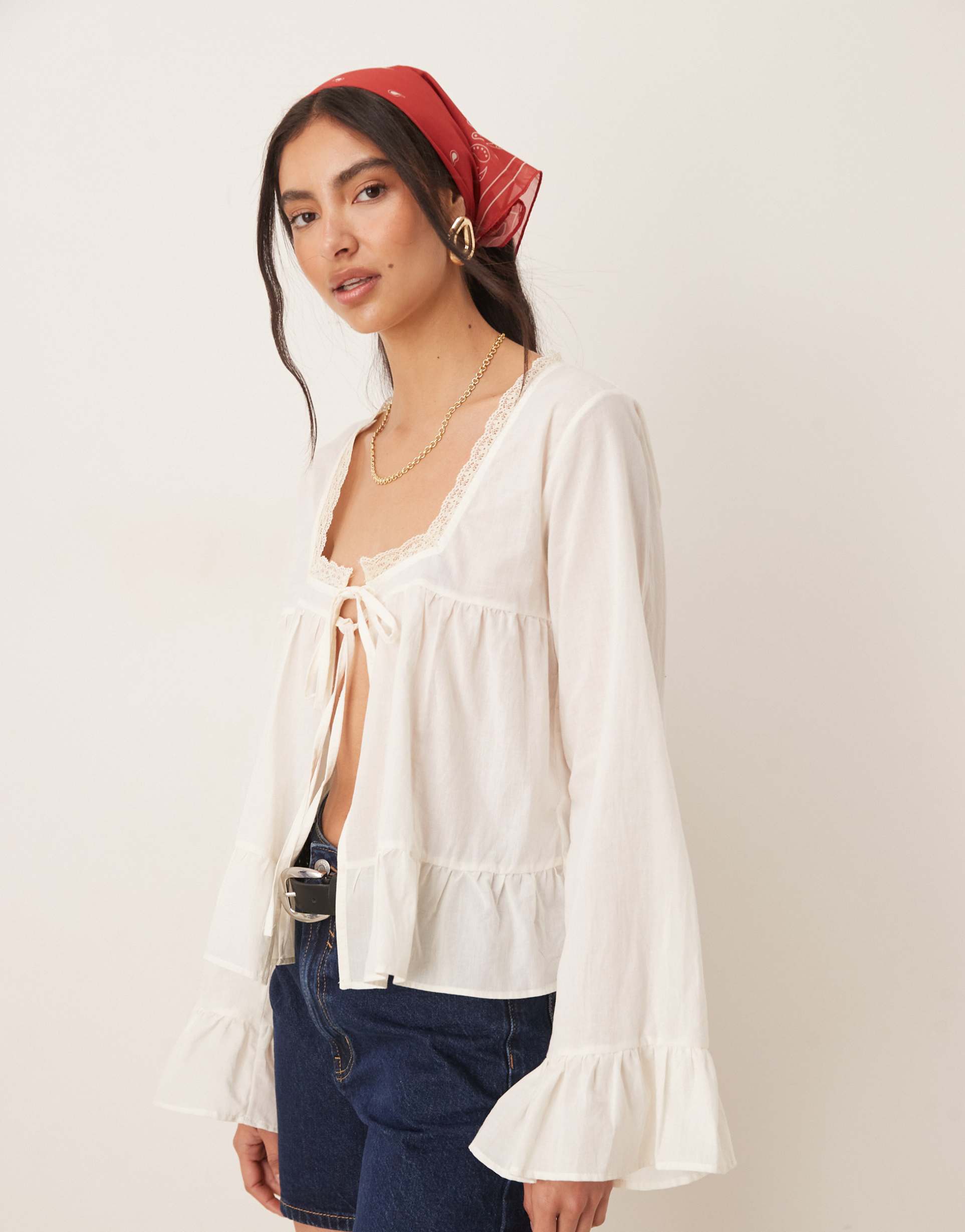 asos design cotton boho lace trim blouse in ecru