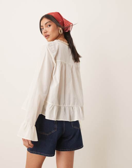 ASOS DESIGN cotton boho lace trim blouse in ecru