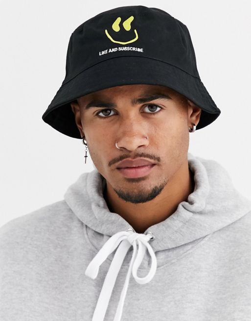 ASOS DESIGN cotton bucket hat in black with smiley embroidery | ASOS