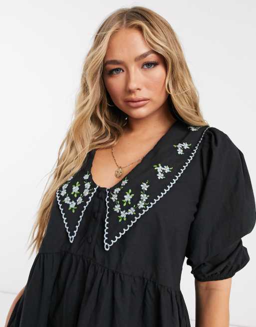 ASOS DESIGN cotton button through mini smock dress with embroidered peter pan collar in black