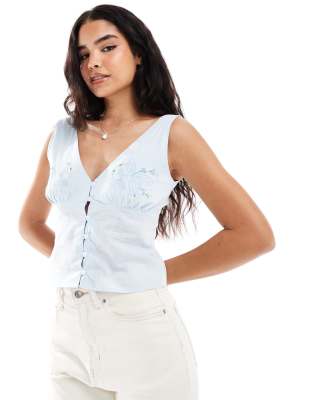 Asos Design Cotton Button Up Cami Top With Embroidery In Pale Blue-white