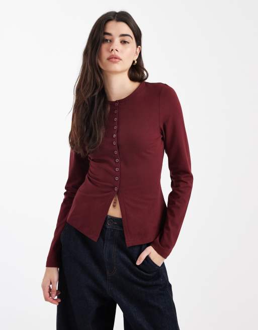 ASOS DESIGN cotton button up long sleeve top in burgundy