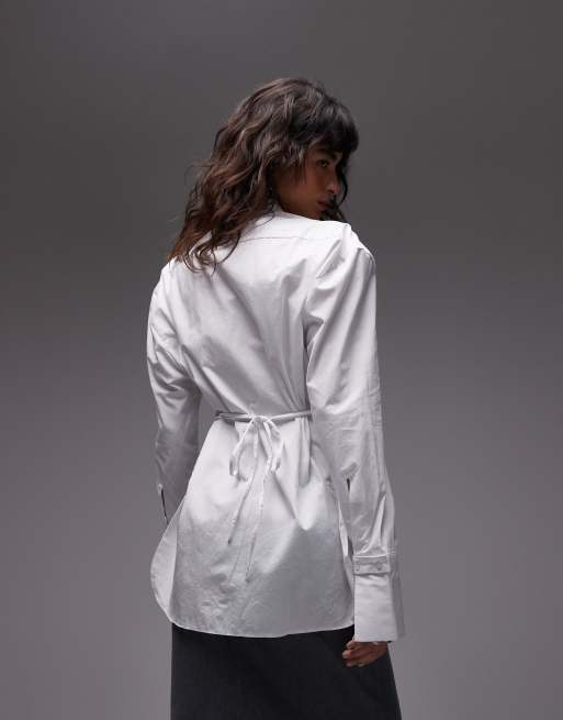 ASOS DESIGN cotton cinch tux-detail shirt in white, 4 of 4