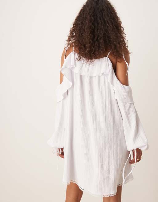 ASOS DESIGN cotton cold shoulder mini dress in white