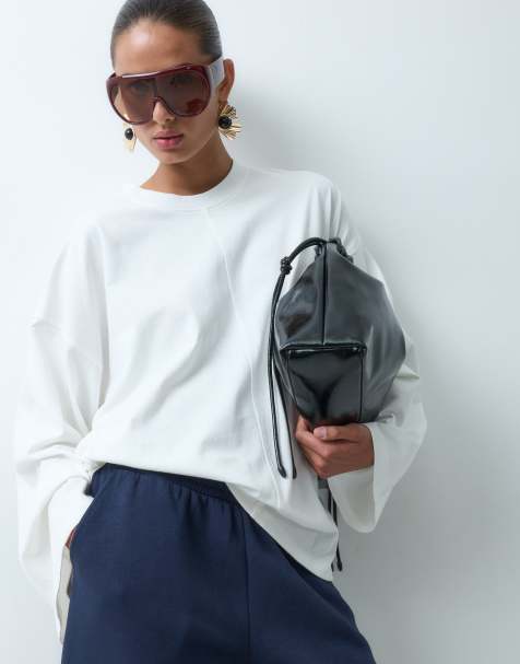 ASOS DESIGN cotton crew neck oversized long sleeve T-shirt in off white - view 1