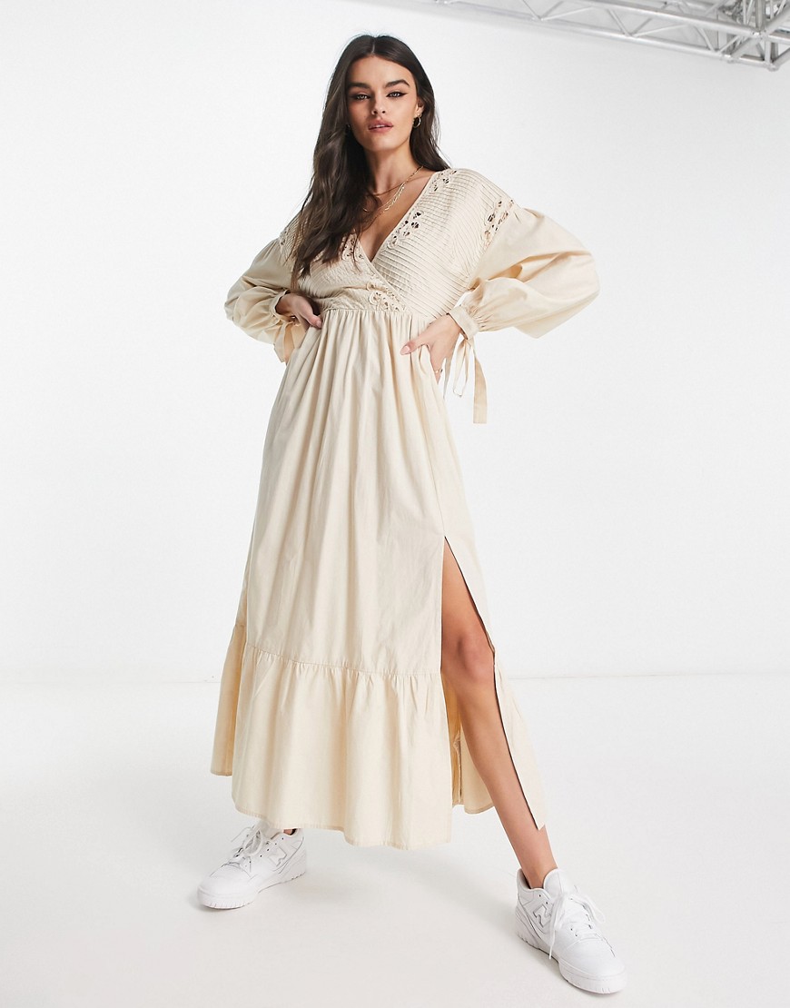 ASOS DESIGN cotton crochet pintuck maxi dress in vintage cream-White
