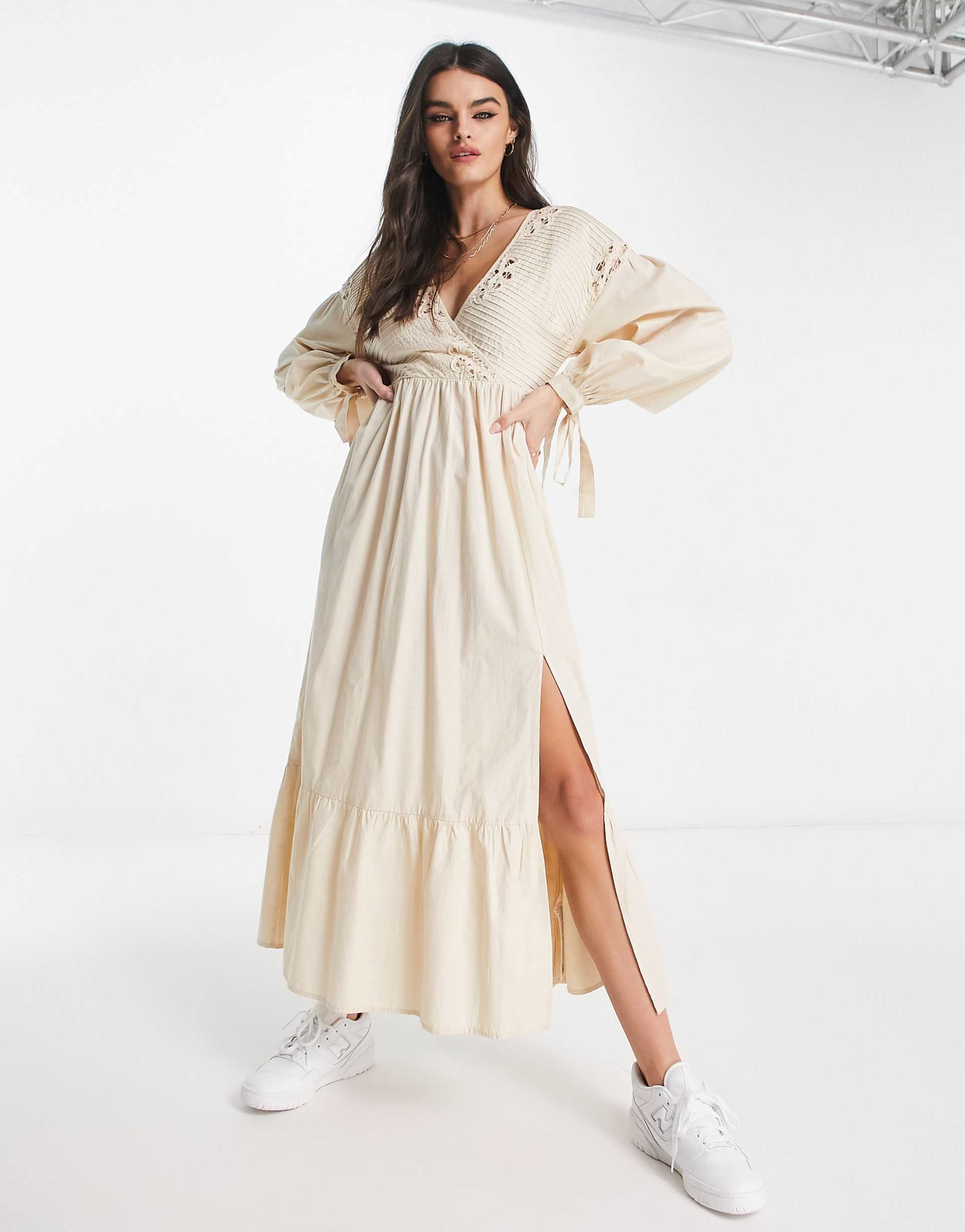 asos design cotton crochet pintuck maxi dress in vintage cream