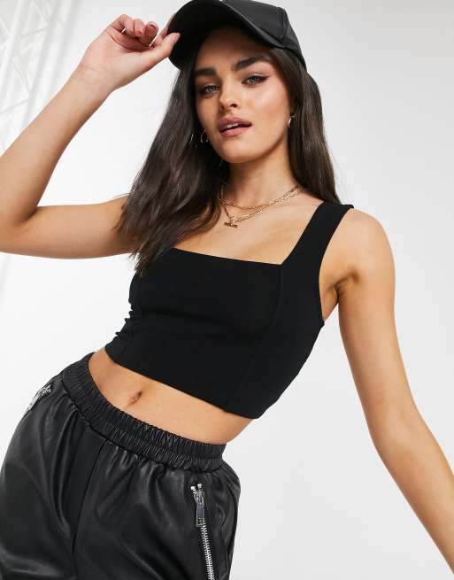 ASOS DESIGN cotton crop cami with square neck and seam detail in black -  BLACK