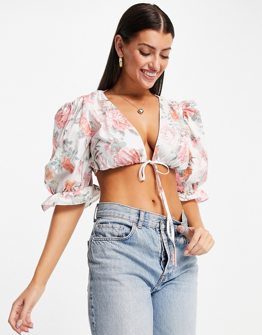 ASOS DESIGN cotton crop top with puff sleeve in floral-Multi