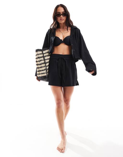 ASOS DESIGN cotton cropped beach shirt in black - part of a set, 3 of 4