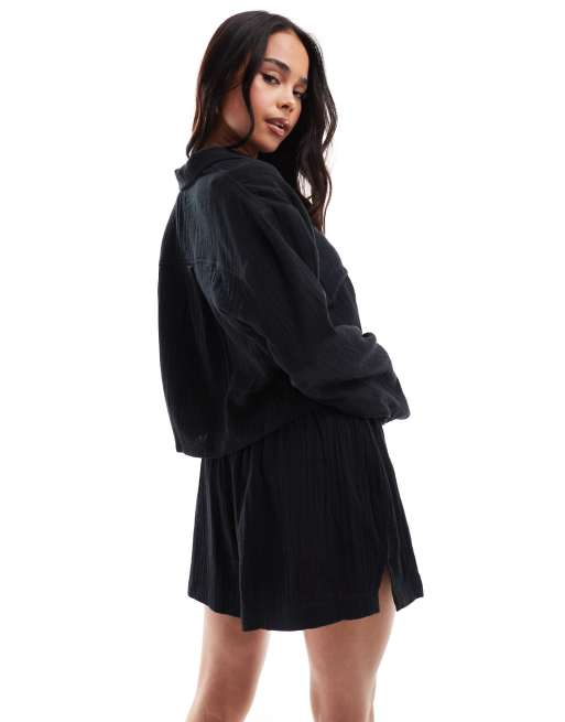 ASOS DESIGN cotton cropped beach shirt in black - part of a set, 4 of 4