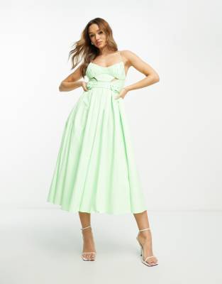 ASOS DESIGN ASOS DESIGN cotton cut out pleat detail midi dress with belt in lime green
