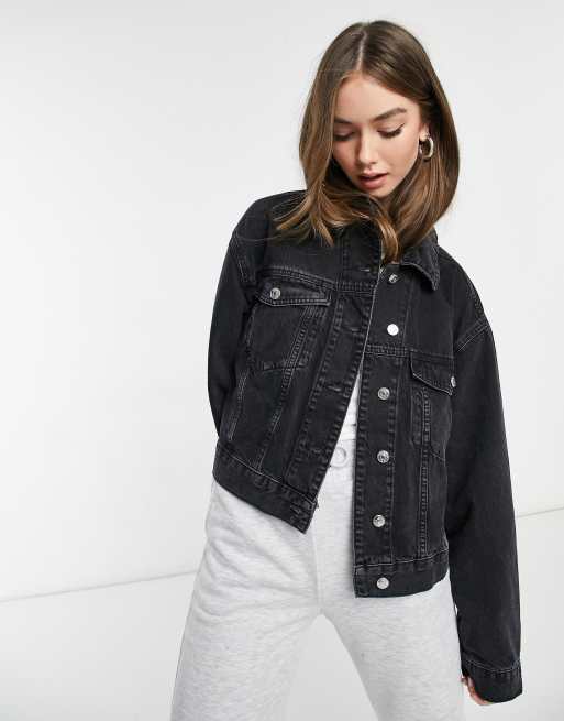 ASOS DESIGN cotton denim 90s jacket in washed black - BLACK, 4 of 4