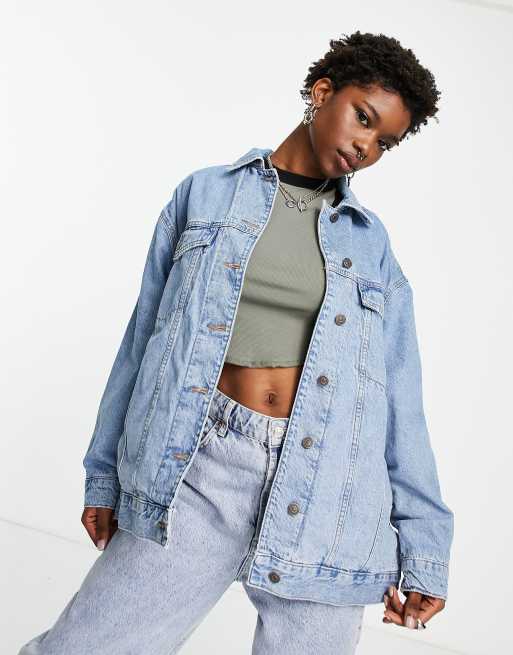 ASOS DESIGN cotton denim oversized jacket with check lining in midwash - MBLUE