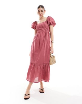 ASOS DESIGN cotton dobby midi dress with lace up back in dusky rose