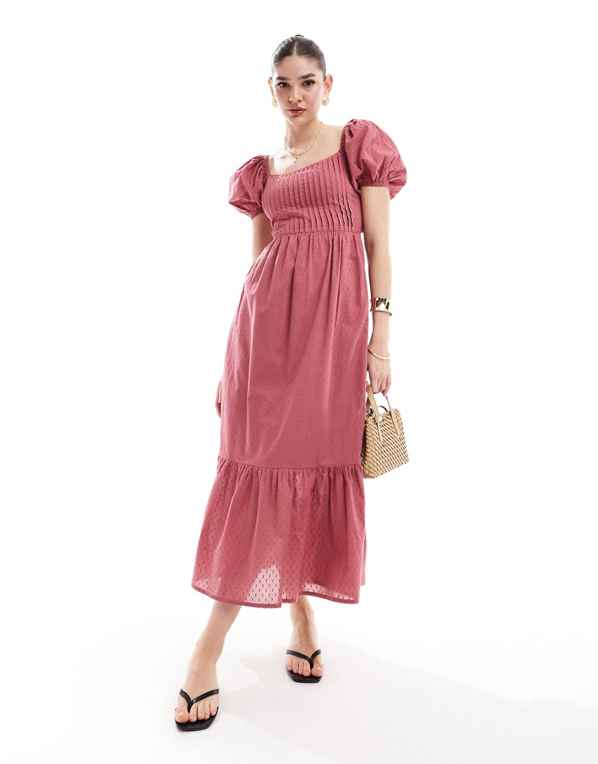 ASOS DESIGN cotton dobby midi dress with lace up back in dusky rose-Pink