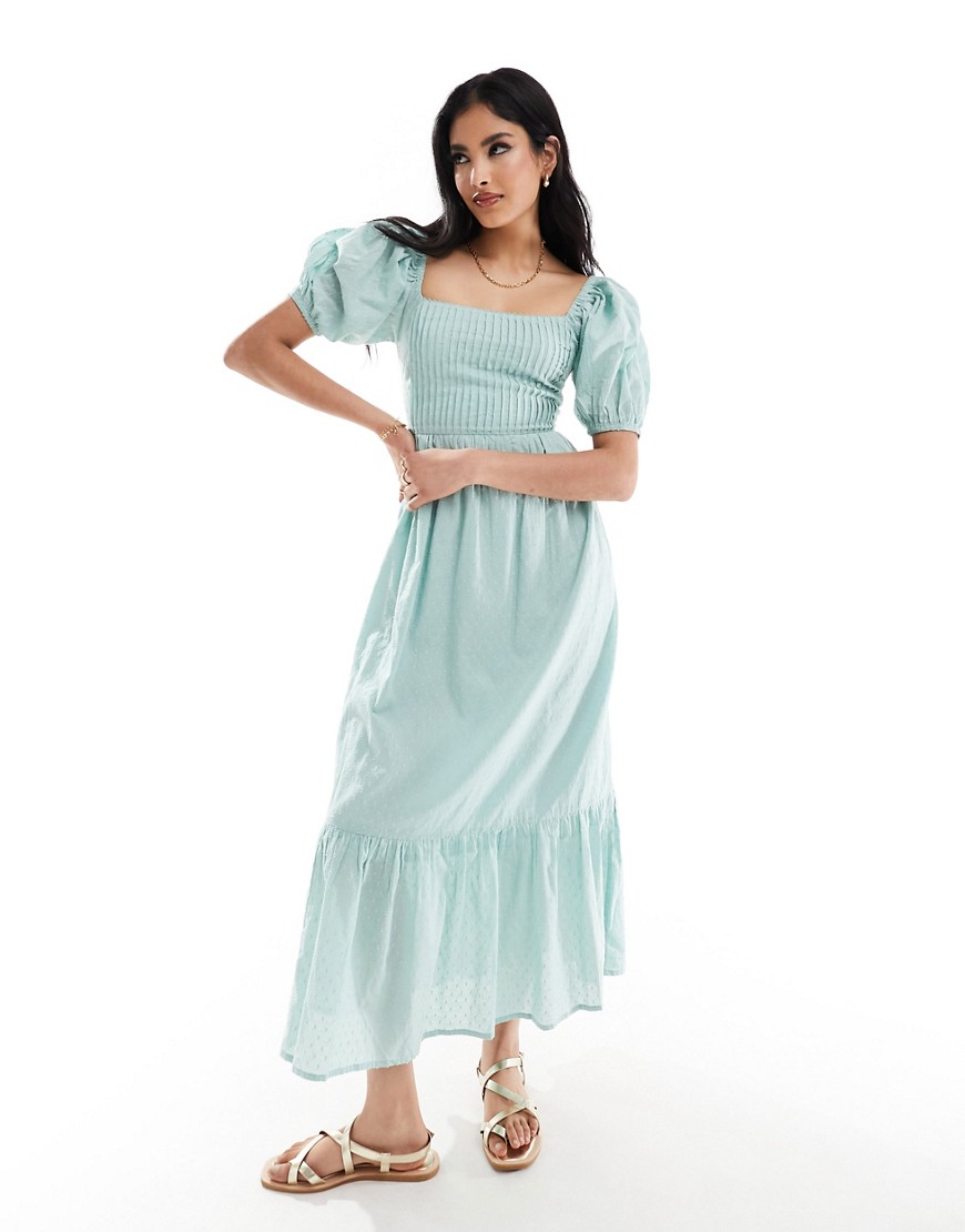 ASOS DESIGN cotton dobby midi dress with lace up back in sage-Green