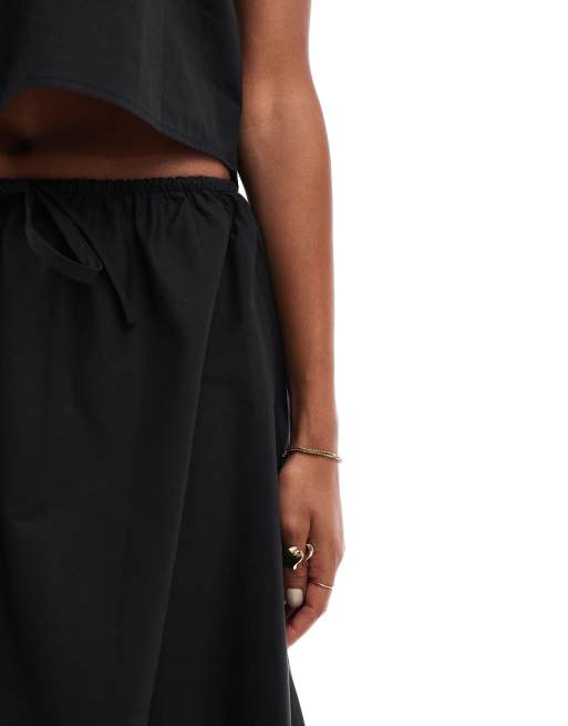 ASOS DESIGN cotton drawstring waist maxi skirt with broderie trim in black co ord, 3 of 5