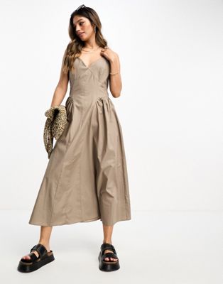 Asos Design Cotton Drop Waist Midi Skater Dress In Taupe-brown