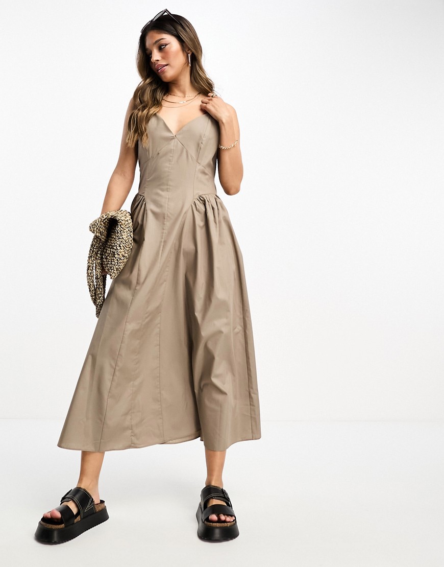 Asos Design Cotton Drop Waist Midi Skater Dress In Taupe-brown