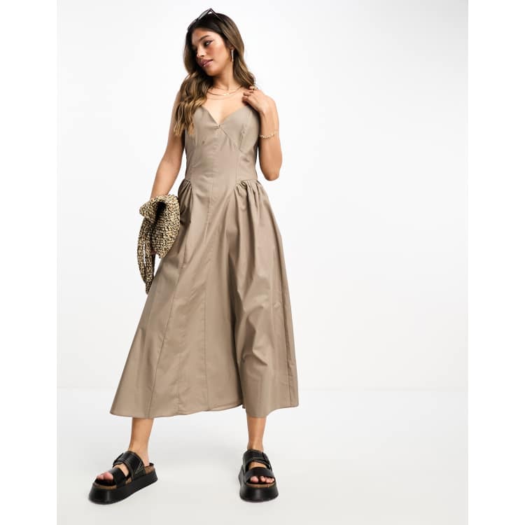 ASOS DESIGN cotton drop waist midi skater dress in taupe