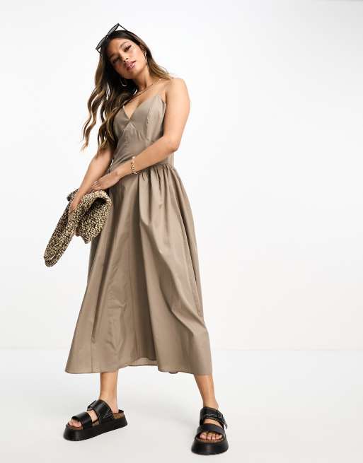 ASOS DESIGN cotton drop waist midi skater dress in taupe