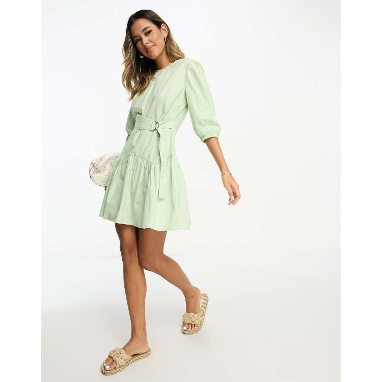 ASOS DESIGN cotton drop waist mini dress with D-ring in sage green | ASOS