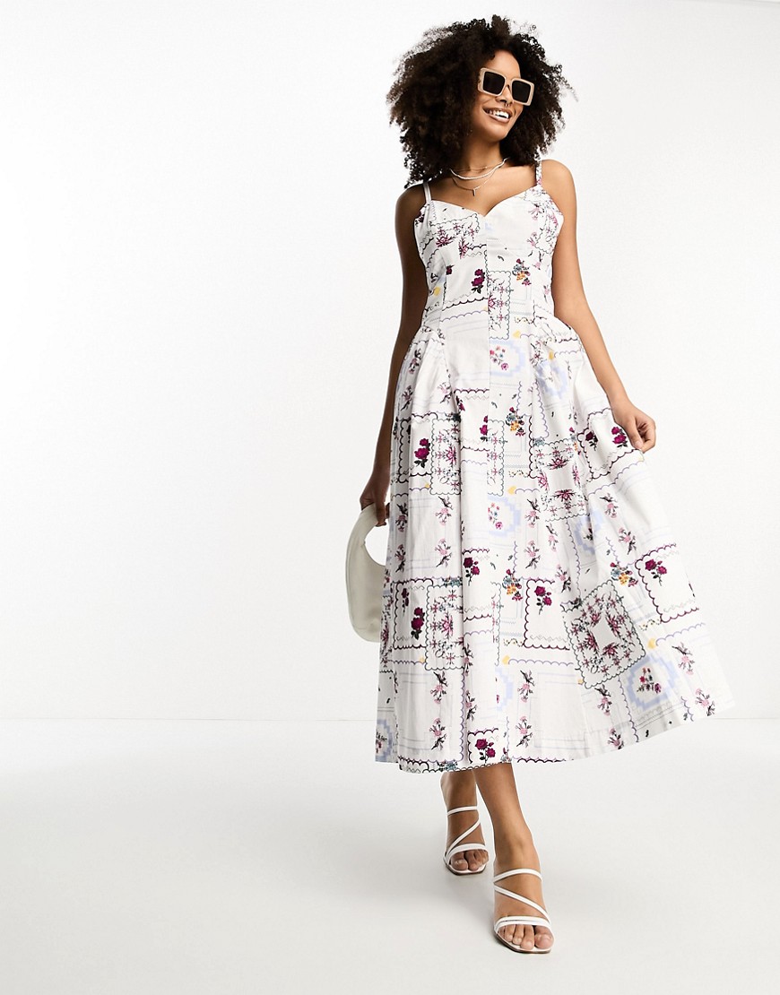ASOS DESIGN cotton dropped corset waist midi skater dress in patchwork print-Multi