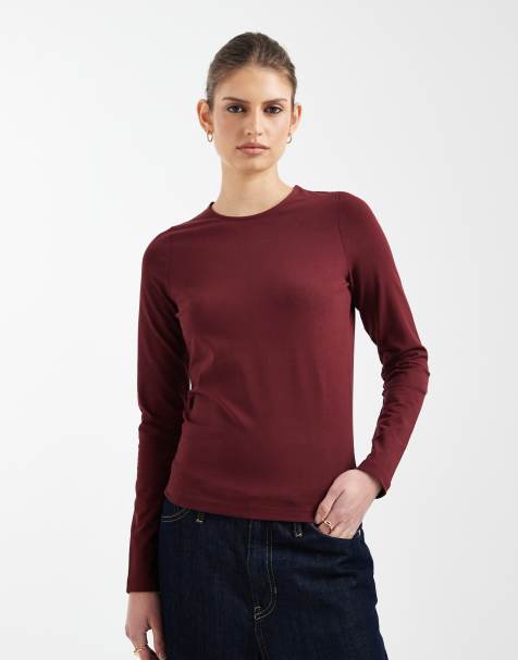 ASOS DESIGN cotton elastane long sleeve crew neck tee in burgundy