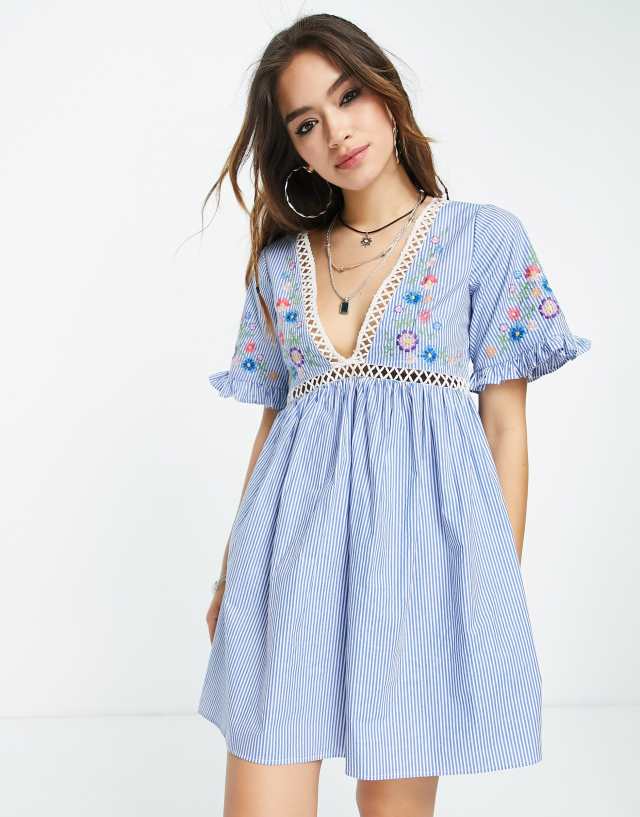 ASOS DESIGN cotton embroidered sundress in blue stripe