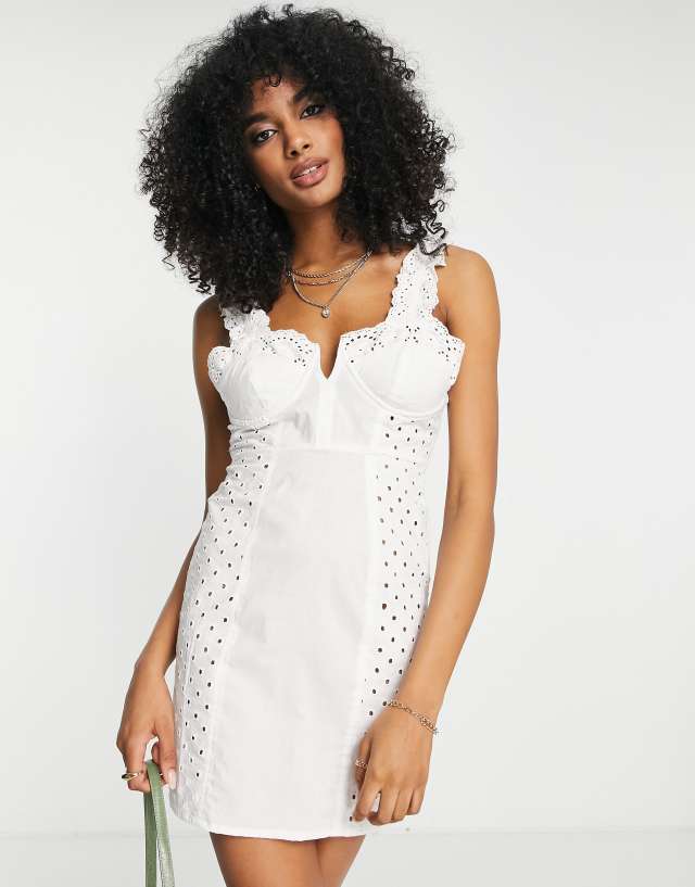 ASOS DESIGN cotton eyelet detail cupped mini sundress in white