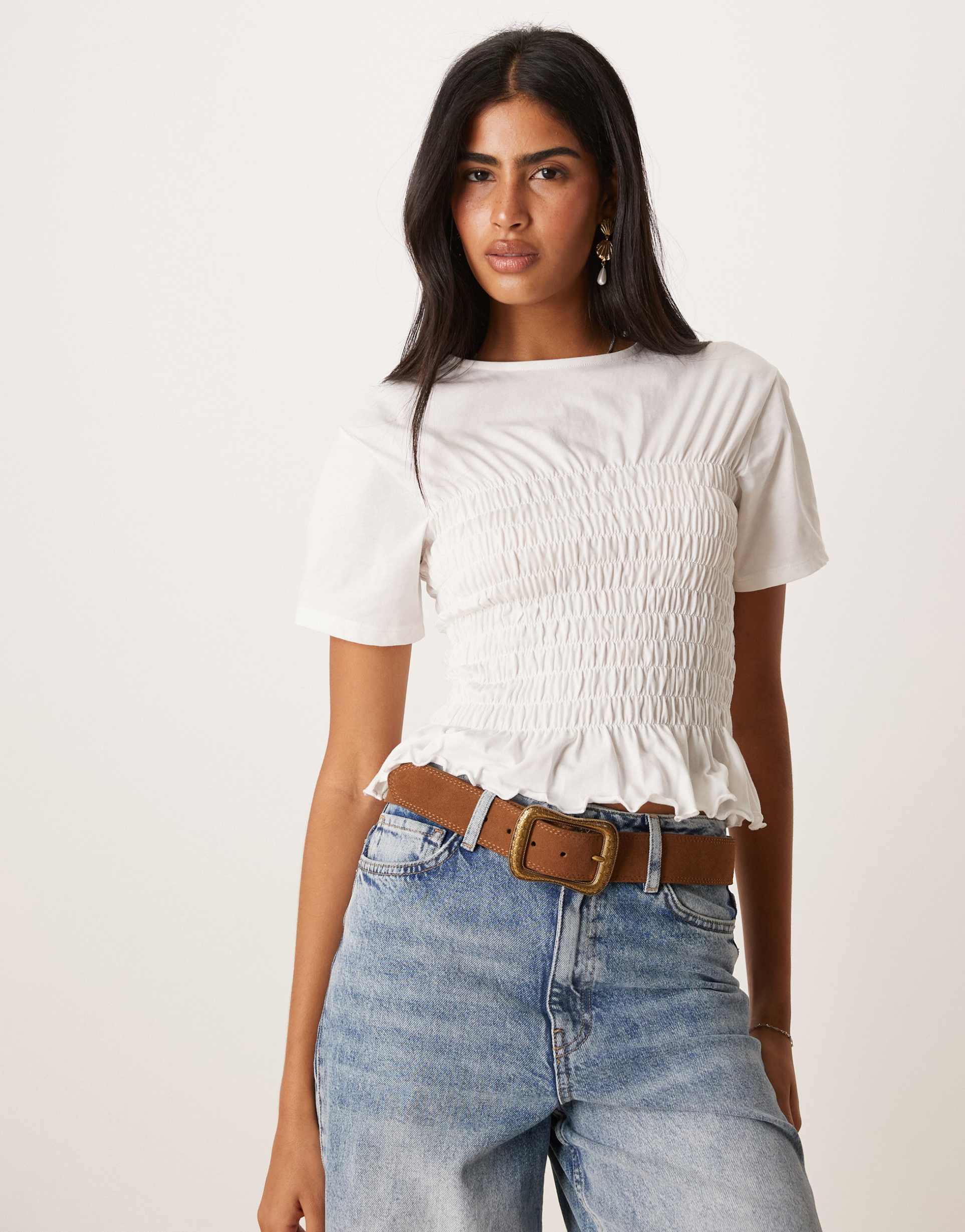 asos design cotton fitted t-shirt with shirred waist detail in ivory