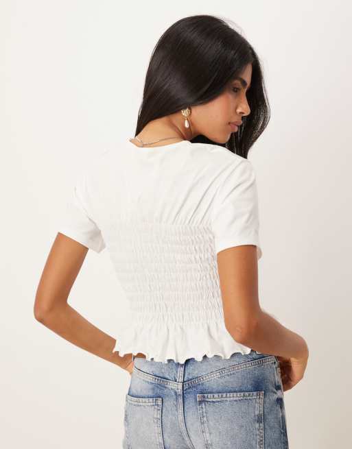 ASOS DESIGN cotton fitted T-shirt with shirred waist detail in ivory