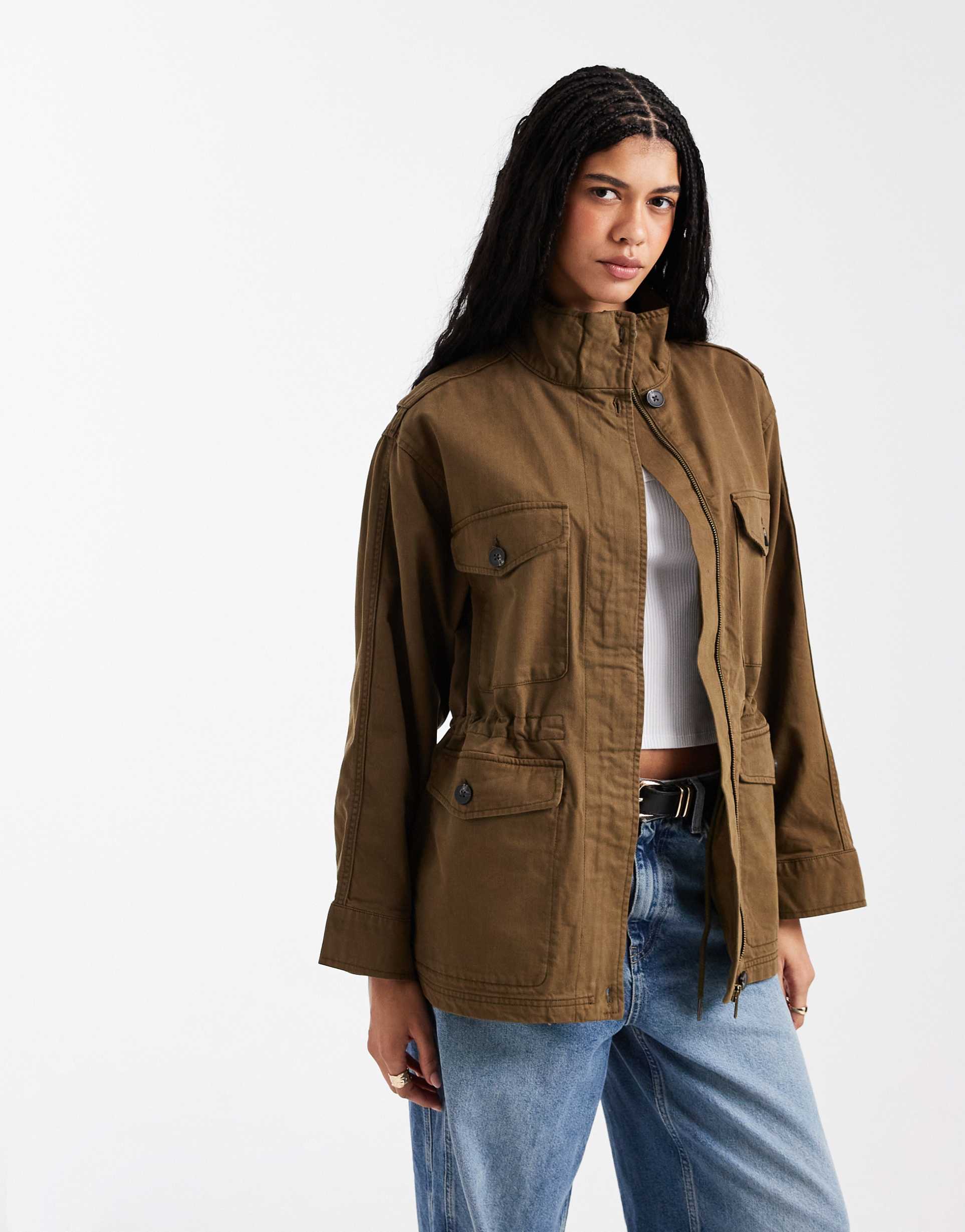 asos design cotton four pocket parka jacket in khaki