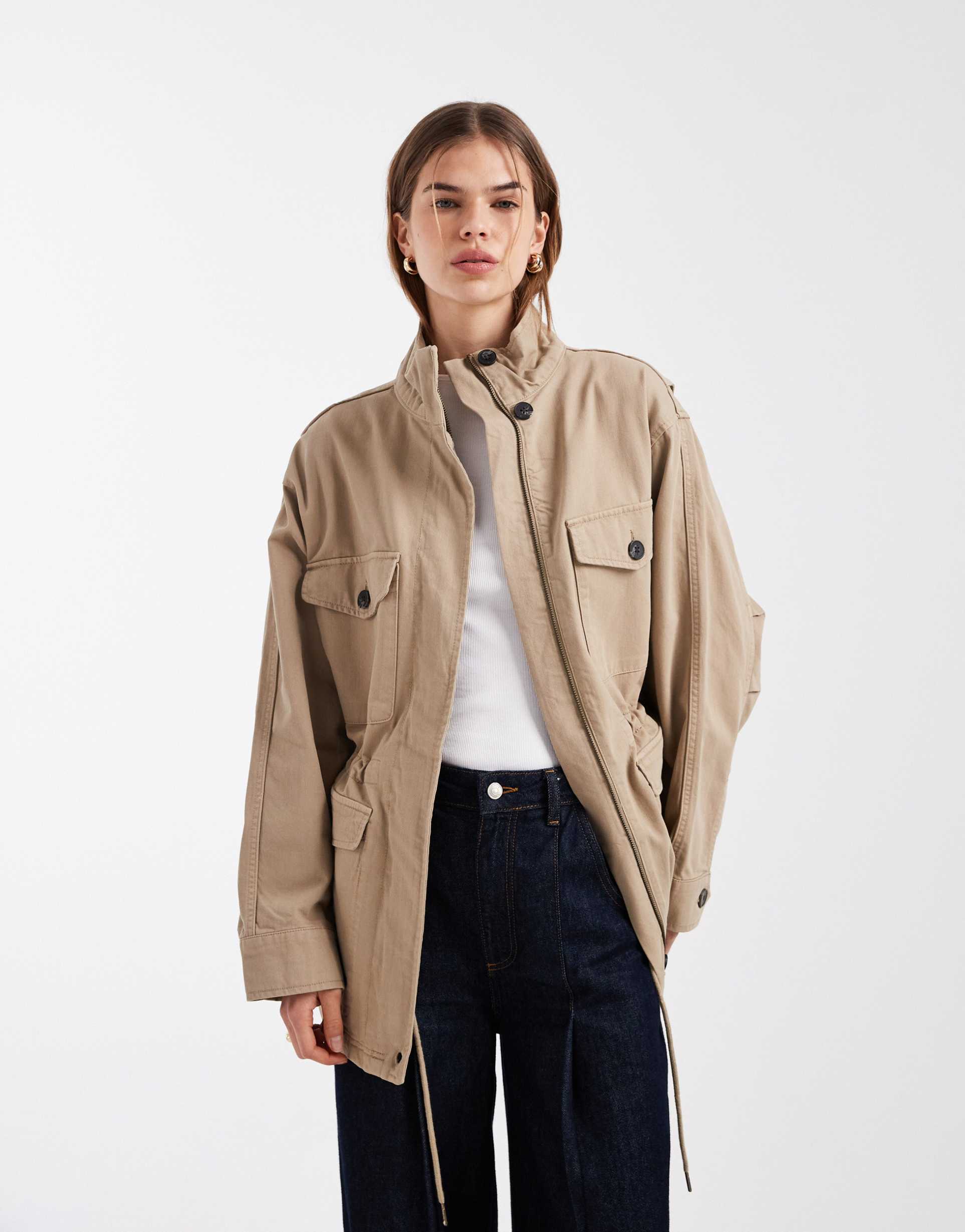 asos design cotton four pocket parka jacket in stone