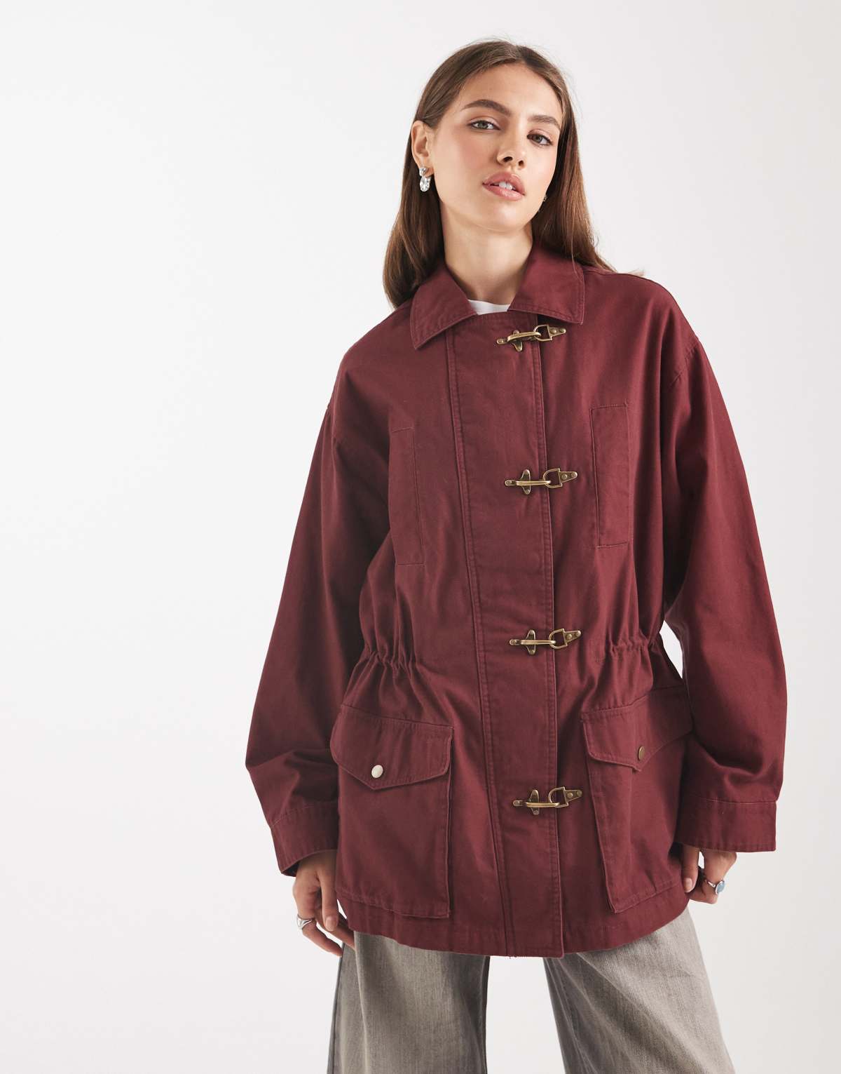 ASOS DESIGN cotton four pocket parka with trim detail in burgundy