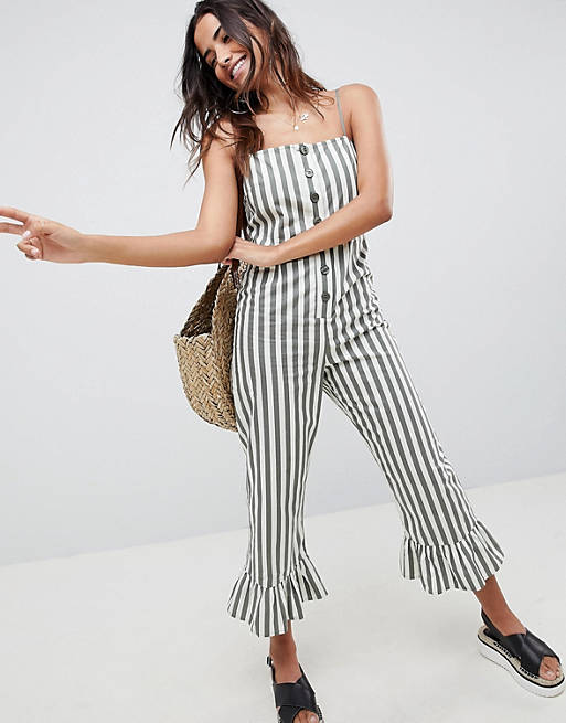 ASOS DESIGN cotton frill hem jumpsuit with square neck and button detail in stripe
