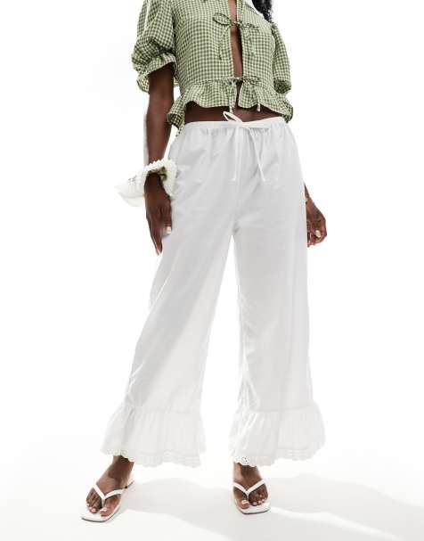 ASOS DESIGN cotton frill hem lace trim trouser in white - view 1