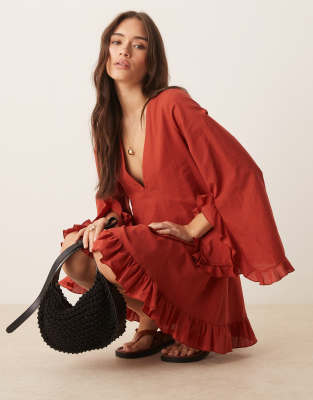 ASOS DESIGN cotton frill hem smock mini dress in red