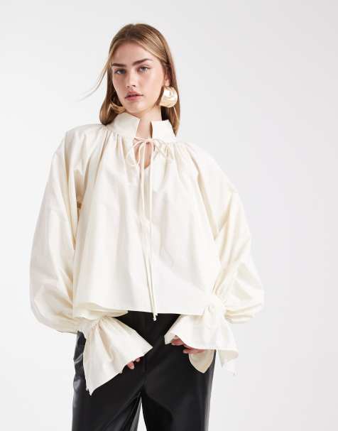 ASOS DESIGN cotton gathered volume sleeve blouse in ecru - view 1