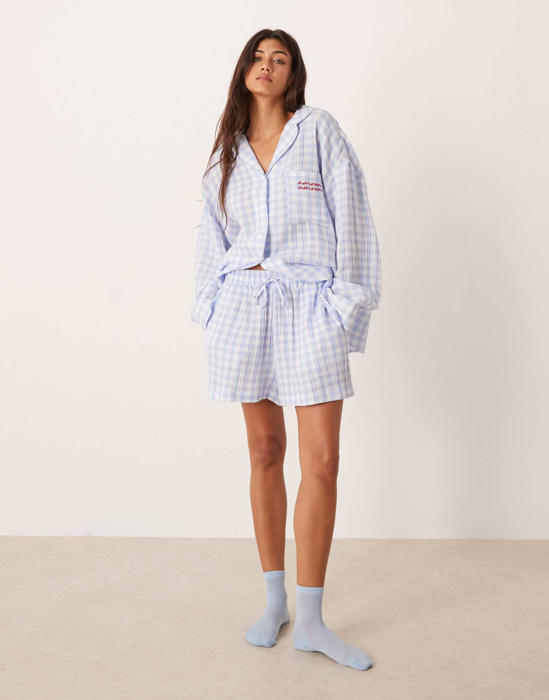 asos design cotton gauze embroidered long sleeve shirt & wide leg short pajama set in blue gingham