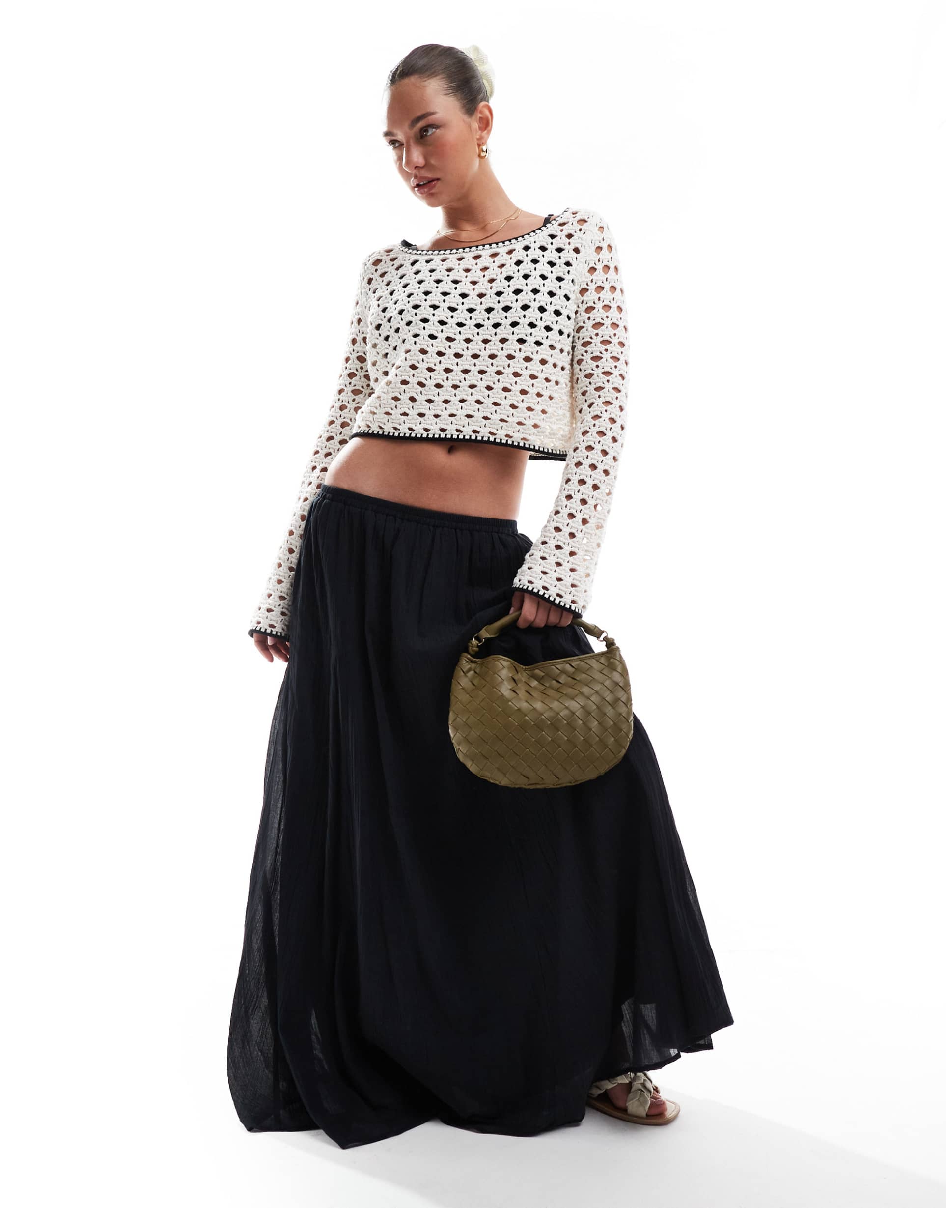 asos design cotton godet maxi skirt in black