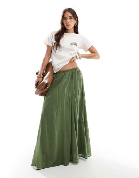 ASOS DESIGN cotton godet maxi skirt in khaki