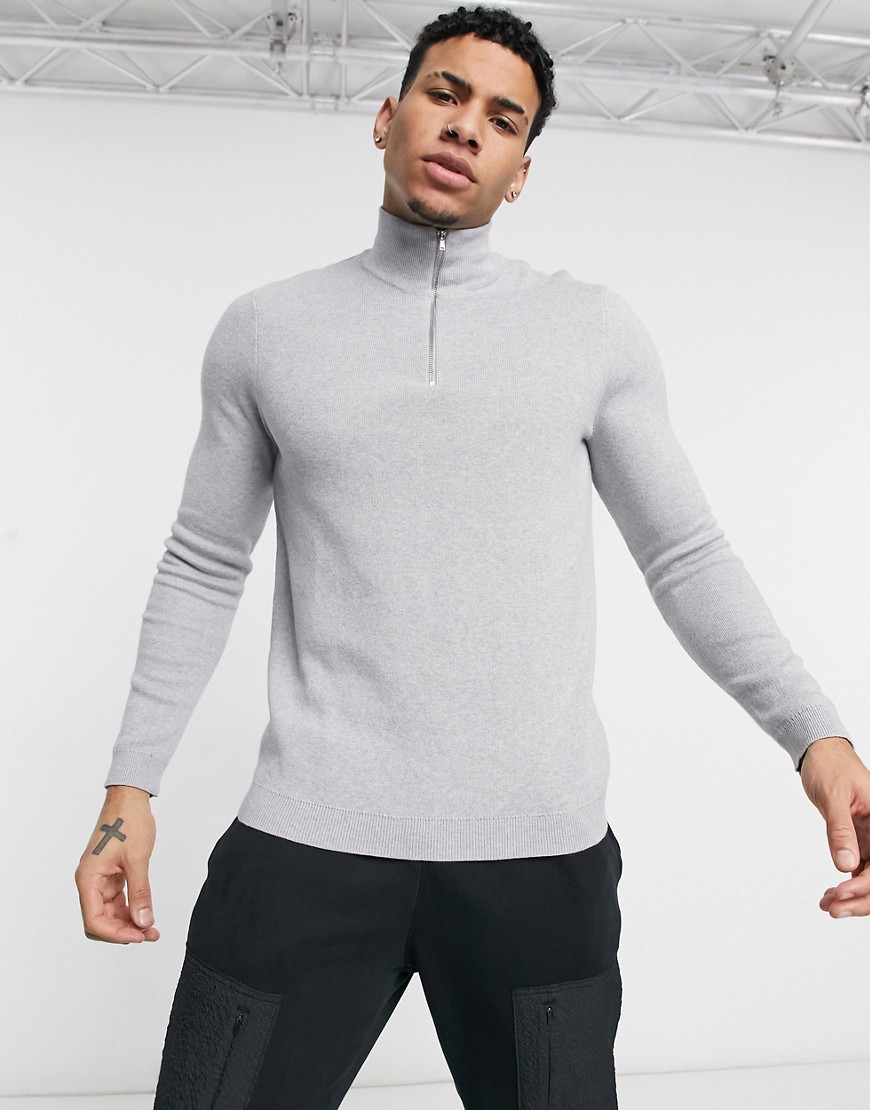 ASOS DESIGN cotton half zip sweater in gray-Grey