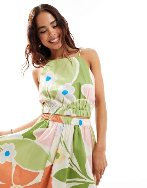 ASOS DESIGN cotton halter crop top in bright abstract floral print - part of a set
