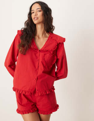 Asos Design Cotton Heart Pocket Pajama Shirt In Red - Part Of A Set