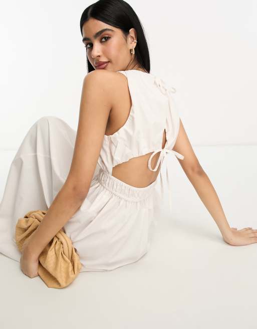 ASOS DESIGN cotton high neck gathered maxi dress in ecru | ASOS