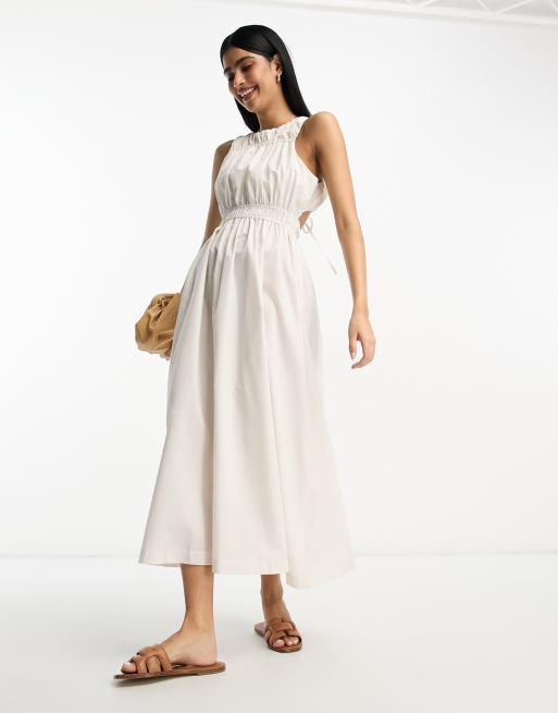 ASOS DESIGN cotton high neck gathered maxi dress in ecru