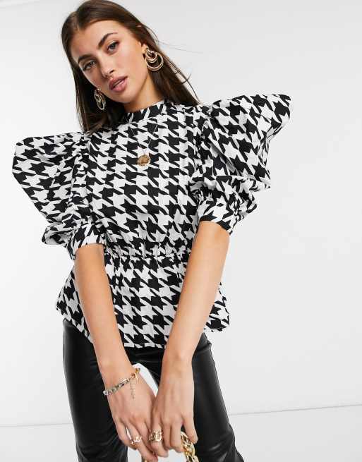 ASOS DESIGN cotton high-neck top with peplum in houndstooth