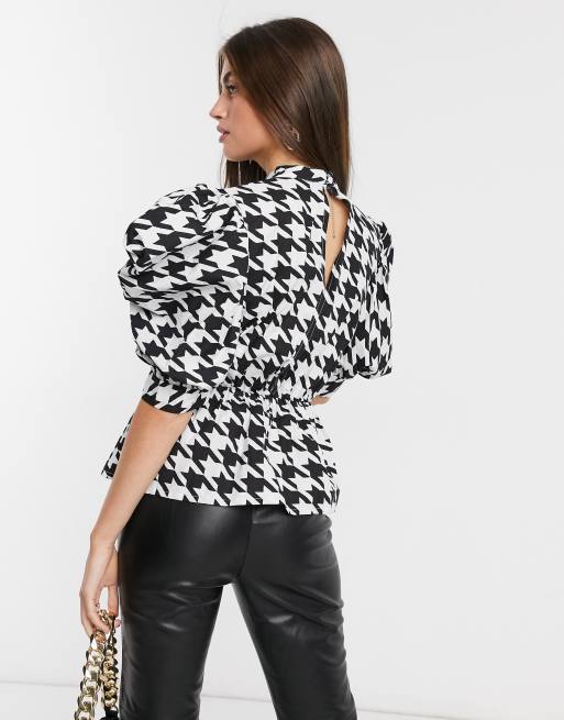 ASOS DESIGN cotton high-neck top with peplum in houndstooth